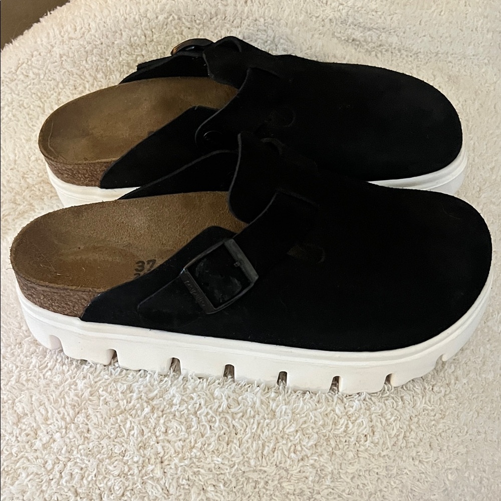 Birkenstock Black Suede Platform Clogs with White Sole 37